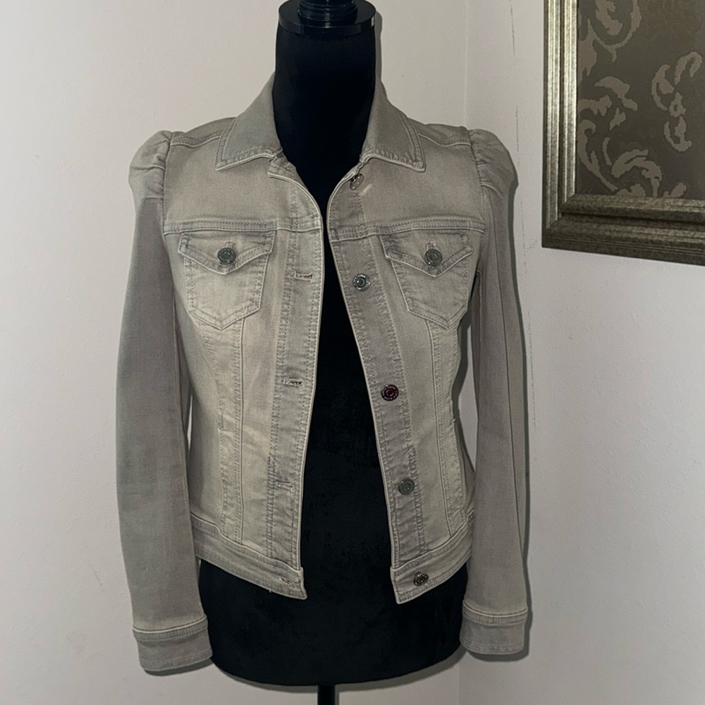 White House Black Market distressed puff sleeves Jean jacket Sz XXS